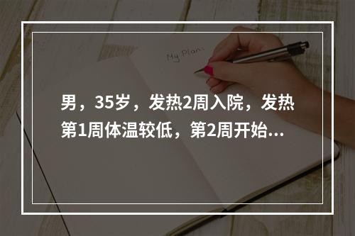 男，35岁，发热2周入院，发热第1周体温较低，第2周开始体温