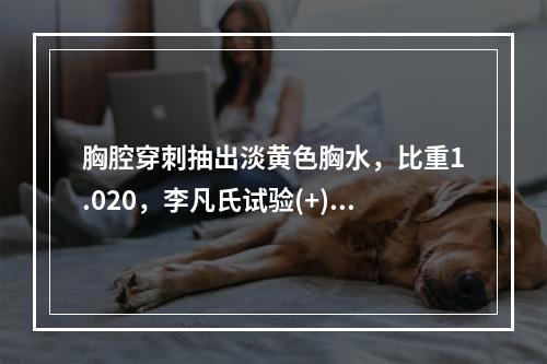 胸腔穿刺抽出淡黄色胸水，比重1.020，李凡氏试验(+)，蛋