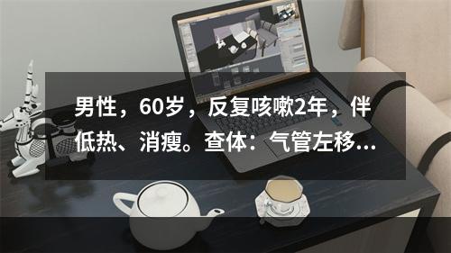 男性，60岁，反复咳嗽2年，伴低热、消瘦。查体：气管左移，左