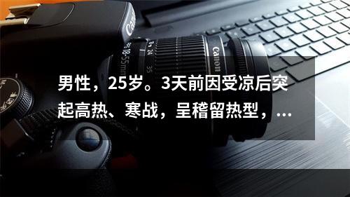 男性，25岁。3天前因受凉后突起高热、寒战，呈稽留热型，伴口