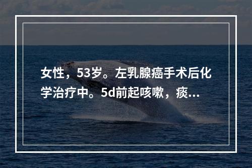 女性，53岁。左乳腺癌手术后化学治疗中。5d前起咳嗽，痰少，