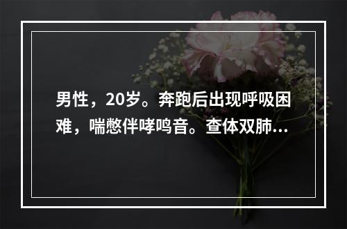 男性，20岁。奔跑后出现呼吸困难，喘憋伴哮鸣音。查体双肺满布