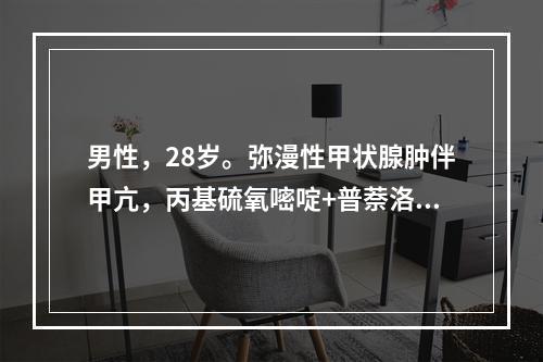 男性，28岁。弥漫性甲状腺肿伴甲亢，丙基硫氧嘧啶+普萘洛尔治