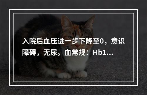 入院后血压进一步下降至0，意识障碍，无尿。血常规：Hb150