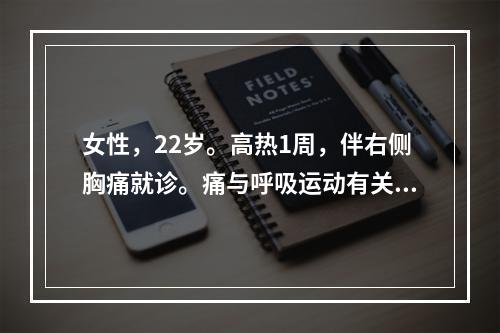 女性，22岁。高热1周，伴右侧胸痛就诊。痛与呼吸运动有关。经