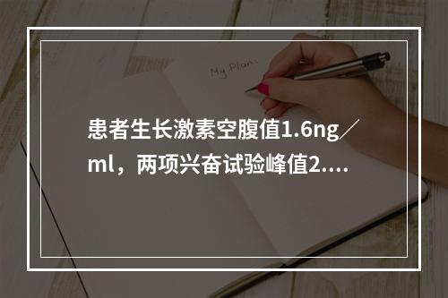 患者生长激素空腹值1.6ng／ml，两项兴奋试验峰值2.6n