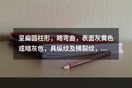 呈扁圆柱形，略弯曲，表面灰黄色或暗灰色，具纵纹及横裂纹，有的