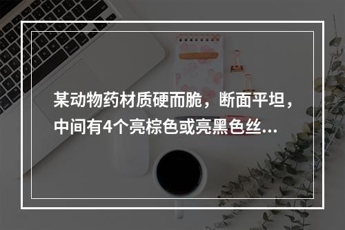 某动物药材质硬而脆，断面平坦，中间有4个亮棕色或亮黑色丝腺环