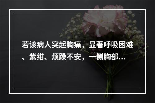 若该病人突起胸痛，显著呼吸困难、紫绀、烦躁不安，一侧胸部饱满