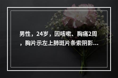 男性，24岁，因咳嗽、胸痛2周，胸片示左上肺斑片条索阴影，左