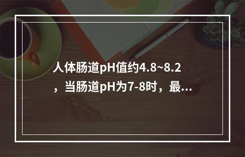 人体肠道pH值约4.8~8.2，当肠道pH为7-8时，最容易