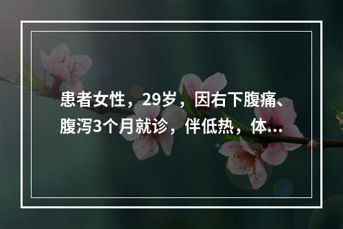 患者女性，29岁，因右下腹痛、腹泻3个月就诊，伴低热，体温波