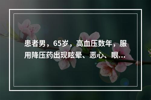 患者男，65岁，高血压数年，服用降压药出现眩晕、恶心、眼花，