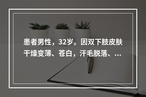 患者男性，32岁。因双下肢皮肤干燥变薄、苍白，汗毛脱落、肌肉