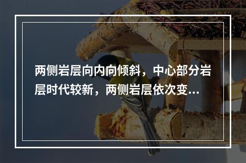 两侧岩层向内向倾斜，中心部分岩层时代较新，两侧岩层依次变老的