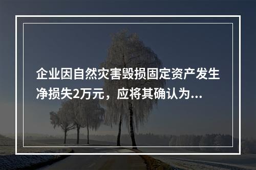 企业因自然灾害毁损固定资产发生净损失2万元，应将其确认为费用