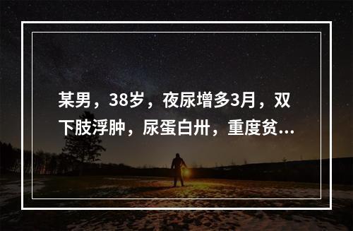 某男，38岁，夜尿增多3月，双下肢浮肿，尿蛋白卅，重度贫血貌