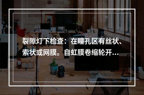 裂隙灯下检查：在瞳孔区有丝状、索状或网膜。自虹膜卷缩轮开始可