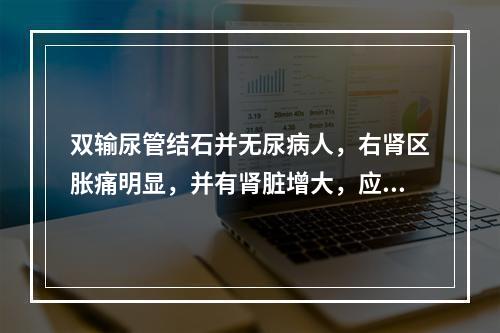 双输尿管结石并无尿病人，右肾区胀痛明显，并有肾脏增大，应首先