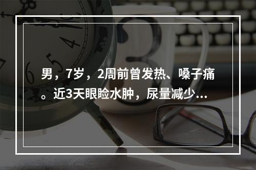 男，7岁，2周前曾发热、嗓子痛。近3天眼睑水肿，尿量减少，尿