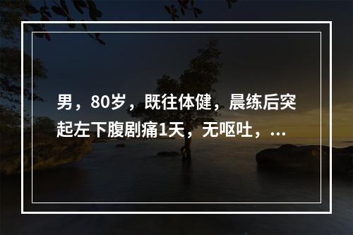 男，80岁，既往体健，晨练后突起左下腹剧痛1天，无呕吐，肛门