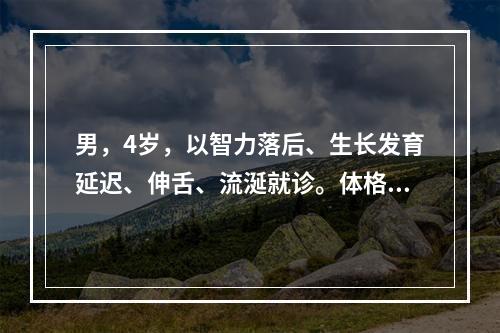 男，4岁，以智力落后、生长发育延迟、伸舌、流涎就诊。体格检查