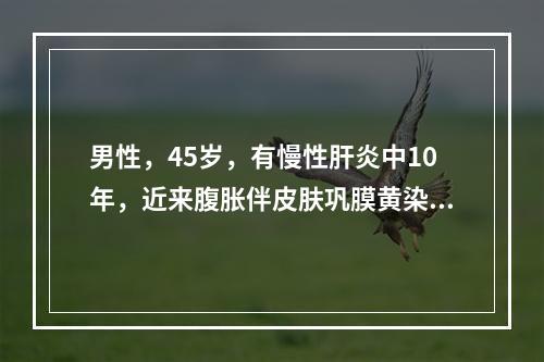 男性，45岁，有慢性肝炎中10年，近来腹胀伴皮肤巩膜黄染，自