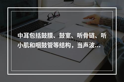 中耳包括鼓膜、鼓室、听骨链、听小肌和咽鼓管等结构，当声波经过