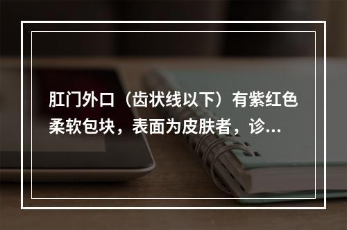 肛门外口（齿状线以下）有紫红色柔软包块，表面为皮肤者，诊断为