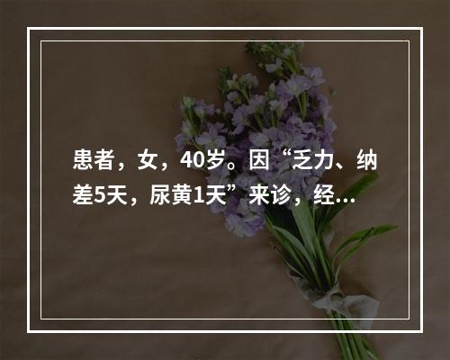 患者，女，40岁。因“乏力、纳差5天，尿黄1天”来诊，经实验