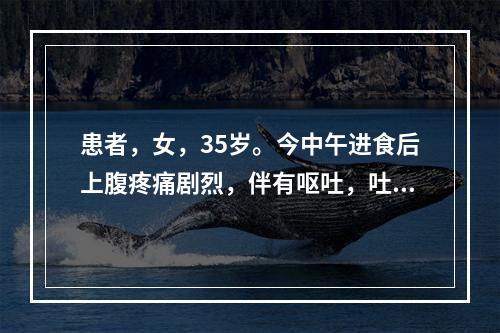 患者，女，35岁。今中午进食后上腹疼痛剧烈，伴有呕吐，吐后疼