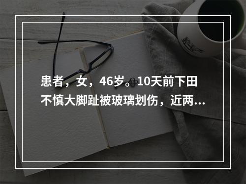 患者，女，46岁。10天前下田不慎大脚趾被玻璃划伤，近两天发