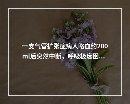 一支气管扩张症病人咯血约200ml后突然中断，呼吸极度困难，