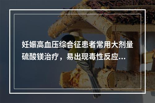 妊娠高血压综合征患者常用大剂量硫酸镁治疗，易出现毒性反应，最