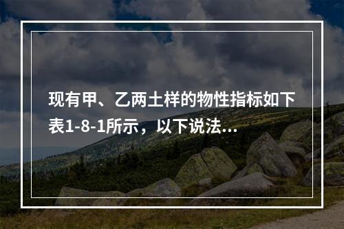 现有甲、乙两土样的物性指标如下表1-8-1所示，以下说法中