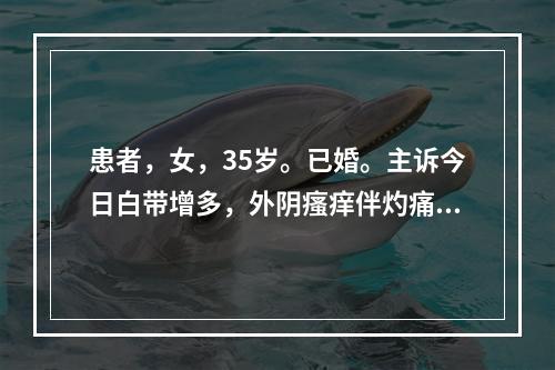 患者，女，35岁。已婚。主诉今日白带增多，外阴瘙痒伴灼痛1周