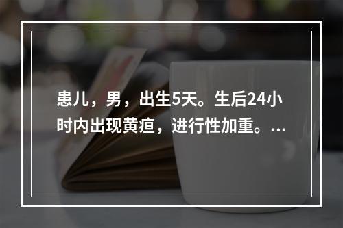 患儿，男，出生5天。生后24小时内出现黄疸，进行性加重。在蓝