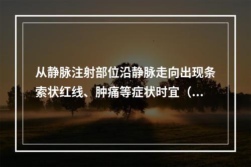 从静脉注射部位沿静脉走向出现条索状红线、肿痛等症状时宜（）。