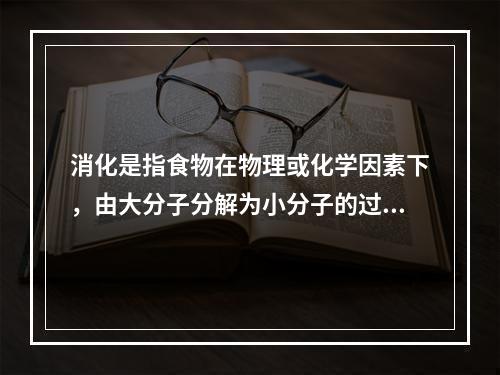 消化是指食物在物理或化学因素下，由大分子分解为小分子的过程。