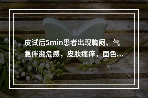 皮试后5min患者出现胸闷、气急伴濒危感，皮肤瘙痒，面色苍白