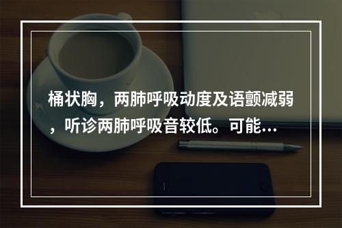 桶状胸，两肺呼吸动度及语颤减弱，听诊两肺呼吸音较低。可能的疾