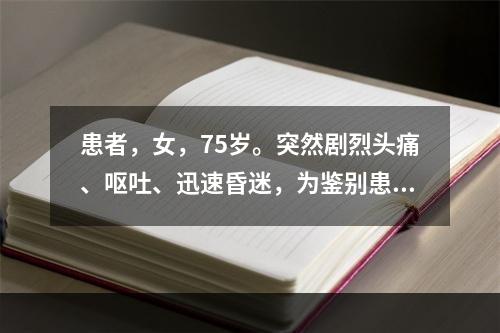 患者，女，75岁。突然剧烈头痛、呕吐、迅速昏迷，为鉴别患者是