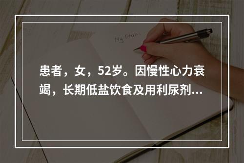 患者，女，52岁。因慢性心力衰竭，长期低盐饮食及用利尿剂、洋