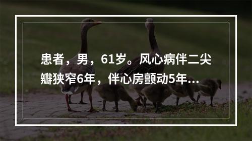 患者，男，61岁。风心病伴二尖瓣狭窄6年，伴心房颤动5年。1