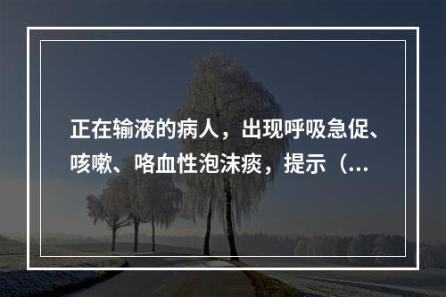 正在输液的病人，出现呼吸急促、咳嗽、咯血性泡沫痰，提示（）