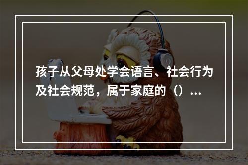 孩子从父母处学会语言、社会行为及社会规范，属于家庭的（）。