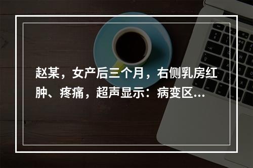 赵某，女产后三个月，右侧乳房红肿、疼痛，超声显示：病变区回声