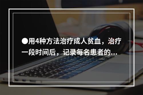 ●用4种方法治疗成人贫血，治疗一段时间后，记录每名患者的血红