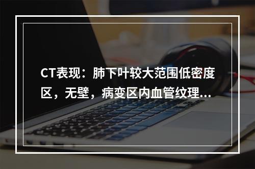 CT表现：肺下叶较大范围低密度区，无壁，病变区内血管纹理明显