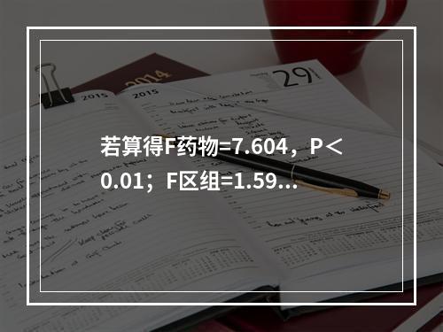 若算得F药物=7.604，P＜0.01；F区组=1.596，